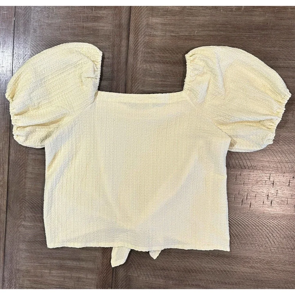 LOFT Women’s Square Neck Tie Front Soft Yellow Blouse Puff Sleeve Top Size M
